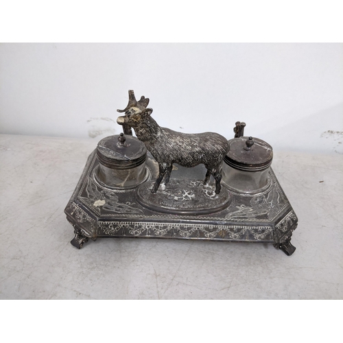 165 - A late 19th/early 20th century silver plated inkstand mounted with a deer to the top
Location:6.1