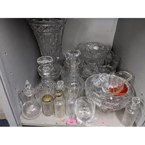 167 - Mixed glassware to include decanters, cutlery rests, large cut crystal vase
Location:LWB