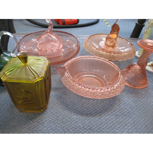 47 - A selection of Art Deco pressed glass to include peach coloured centrepiece bowls, a blue coloured v... 