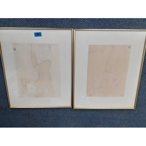 261 - Auguste Rodin - two nude prints mounted in gold coloured frames, signed lower corners, 30cm x 24cm, ... 