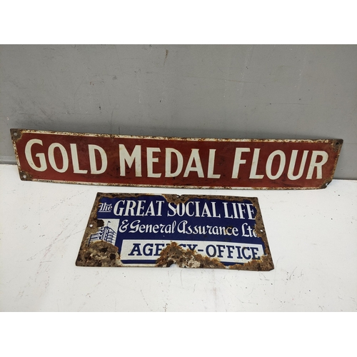 277 - Two late 20th century enamelled advertising signs to include 'Gold Medal Flour' 10.5cm h x 61cm w an... 