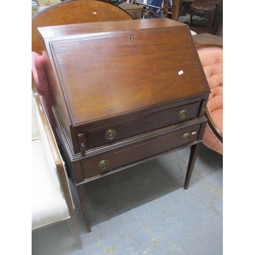 263 - Edwardian mahogany bureau on stand, fall flap revealing a pigeonhole and drawer interior, over one s... 