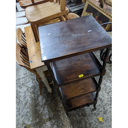 106 - A Victorian mahogany four tier whatnot with drawer and mahogany drop leaf work table.
Location: BWR