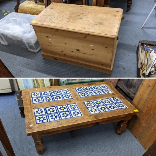 124 - A modern pine blanket box having a hinged top and on a plinth base, 54cm h x 86cm w, together with a... 