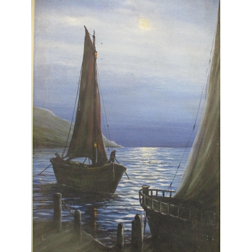 131 - H Smith ? - coastal scene of fishing boat mooring at midnight, oil on canvas, signed indistinctly lo... 