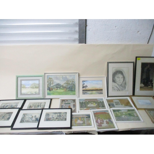 162 - A selection of prints and paintings to include a pencil drawing by Kim Cleeve, and a set of five 19t... 