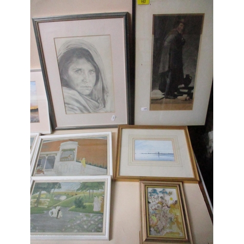 162 - A selection of prints and paintings to include a pencil drawing by Kim Cleeve, and a set of five 19t... 