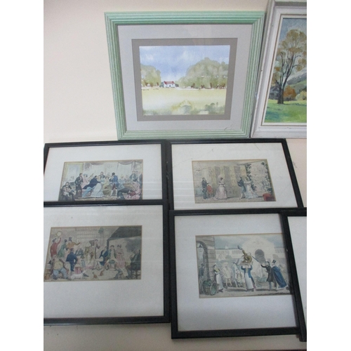 162 - A selection of prints and paintings to include a pencil drawing by Kim Cleeve, and a set of five 19t... 