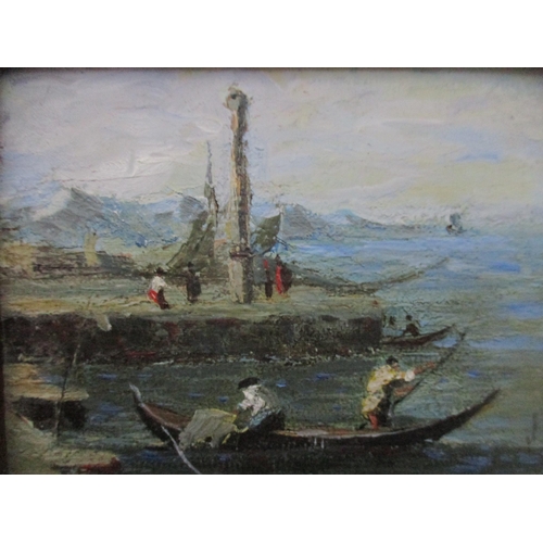 163 - A miniature Russian harbour scene of fisherman in a Venetian style boat, oil on board, unsigned, ins... 