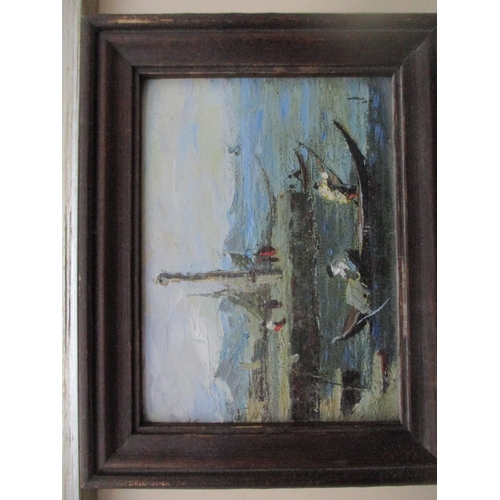 163 - A miniature Russian harbour scene of fisherman in a Venetian style boat, oil on board, unsigned, ins... 