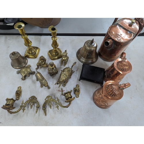 174 - Mixed metalware to include Art Nouveau copper lidded jug and Victorian watering can, along with bras... 