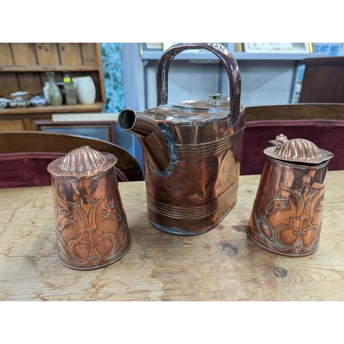 174 - Mixed metalware to include Art Nouveau copper lidded jug and Victorian watering can, along with bras... 