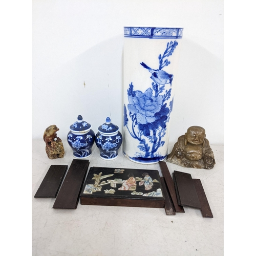 182 - Mixed Oriental items to include a Japanese cylinder vase, pair of miniature Chinese prunus pattern v... 