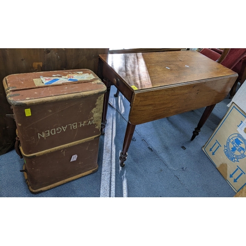 209 - An early 19th century mahogany Pembroke table, 72cm x 91cm, together with a canvas bound trunk
Locat... 