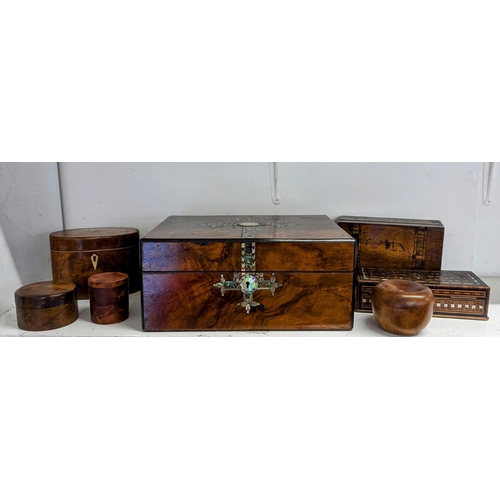 216 - A collection of treen boxes to include a Victorian mother of pearl inlay jewellery box A/F, a Georgi... 