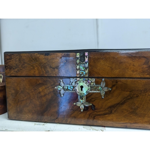 216 - A collection of treen boxes to include a Victorian mother of pearl inlay jewellery box A/F, a Georgi... 