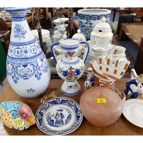 246 - Continental ceramics and pottery to include a Portuguese clay wine vessel A/F, a painted Spanish twi... 