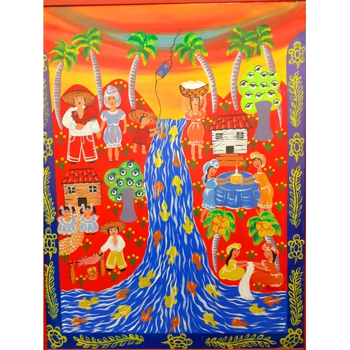 253 - A large Cuban oil on board signed and dated Mercy '04, depicting a colourful and vibrant scene of li... 