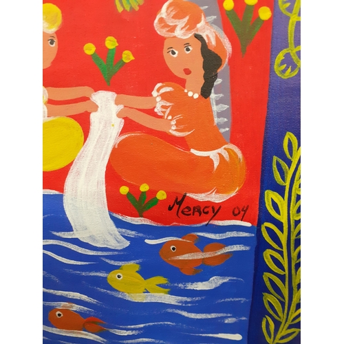 253 - A large Cuban oil on board signed and dated Mercy '04, depicting a colourful and vibrant scene of li... 