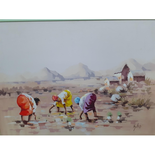 255 - An oil on canvas of three Indian farmers picking in shallow waters with mountains in the background,... 