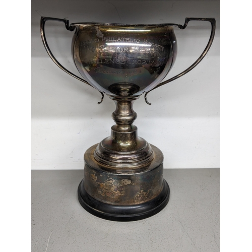 74 - A large 1930's silver twin handled trophy inscribed 'Speedbird Philatelic Society The Senior Mess Ch... 