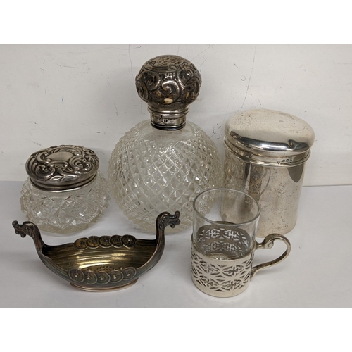 96 - Mixed silver to include a dressing table jar, salt pot in the form of a Viking boat and others, silv... 