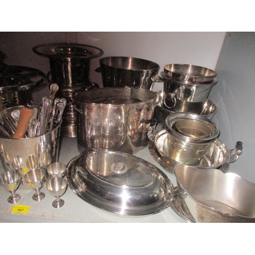 167 - A large selection of silver plated wares to include plates, cutlery, wine cooler, tureens, trays and... 