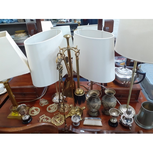 301 - A group of modern table lamps with metal stands, mixed metalware, horse brasses and silver plate Loc... 