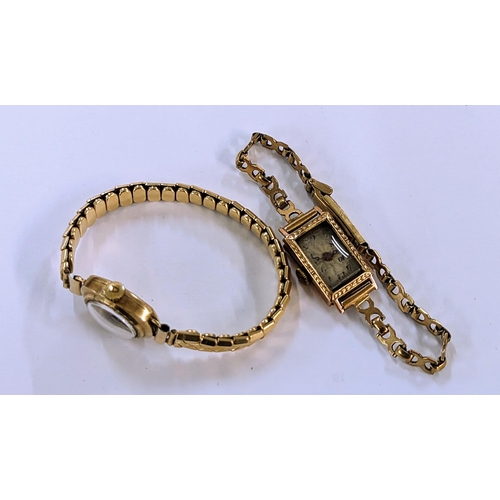 422 - An Art Deco 9ct gold ladies wristwatch A/F, along with a 9ct gold cased Avia wristwatch on a rolled ... 