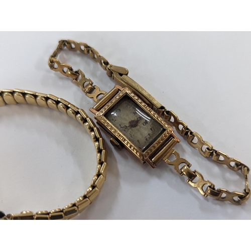 422 - An Art Deco 9ct gold ladies wristwatch A/F, along with a 9ct gold cased Avia wristwatch on a rolled ... 