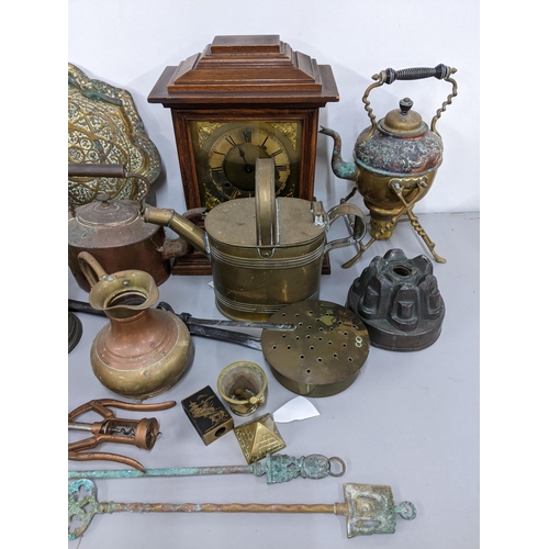 430 - A mixed lot to include a Heeleys Double A1 corkscrew, Ansonia clock, Victorian copper and brassware,... 