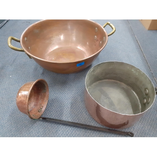 265 - A Victorian copper jam pot, a Victorian copper saucepan and a ladle
Location: RWM