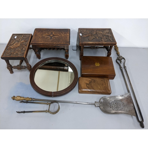 172 - A mixed lot to include three carved stools, Victorian fireside implements and other items
Location: ... 