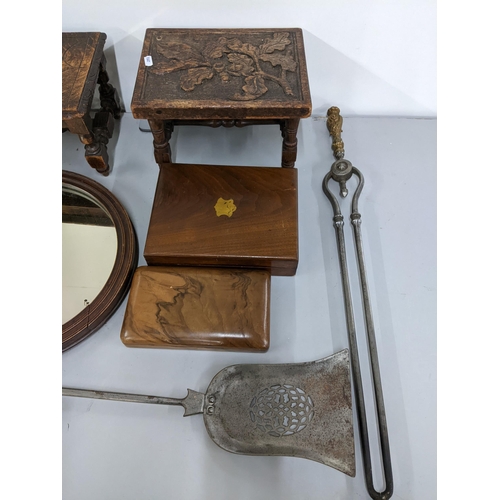 172 - A mixed lot to include three carved stools, Victorian fireside implements and other items
Location: ... 