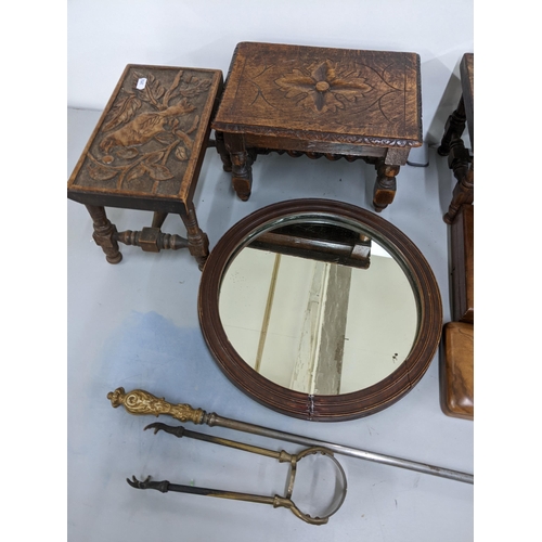 172 - A mixed lot to include three carved stools, Victorian fireside implements and other items
Location: ... 