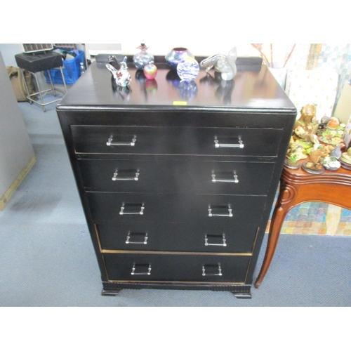 339 - A vintage black painted chest of five long drawers on bracket shaped feet 103cm h x 75cm w Location:... 