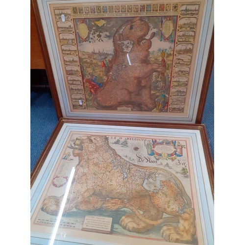 167 - Two framed coloured 20th Century maps, one by Claes Jaulz Villcher 'Norissima et Accuratissima Leoni... 