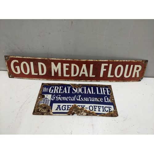 172 - Two late 20th century enamelled advertising signs to include 'Gold Medal Flour' 10.5cm h x 61cm w an... 