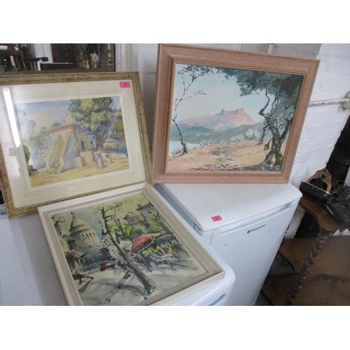 79 - Pictures to include an oil on board, a watercolour of Paris, and Endres - 'Maroc' - watercolour Loca... 