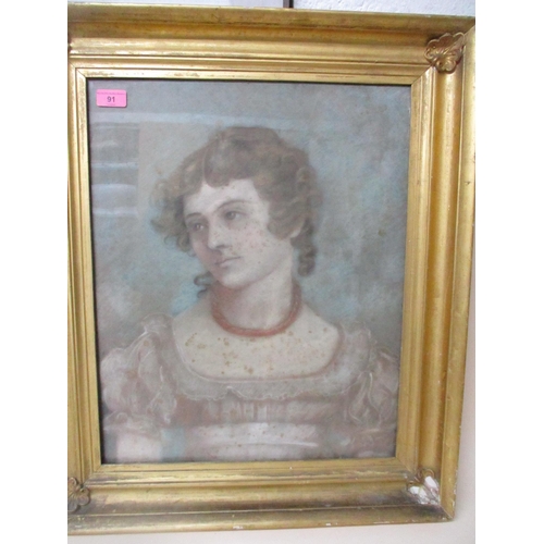 91 - A 19th century pastel portrait of a young woman wearing a rope twist necklace, unsigned, 53cm x 43cm... 