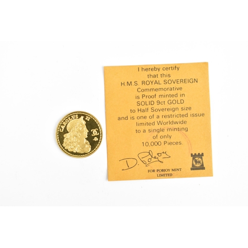 107 - Popjoy Mint - HMS Royal Sovereign 9ct gold commemorative proof medal, in the size of a half sovereig... 