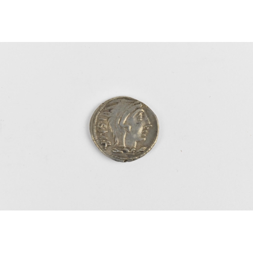 92 - Roman Republic (509BCE-27BCE) Denarius, Moneyer Lucius Thorius Balbus, bust of Juno Sospita, right, ... 