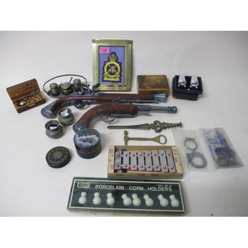 246 - A mixed lot to include two reproduction flintlock pistols and a brass framed Sharpshooters cloth bul... 