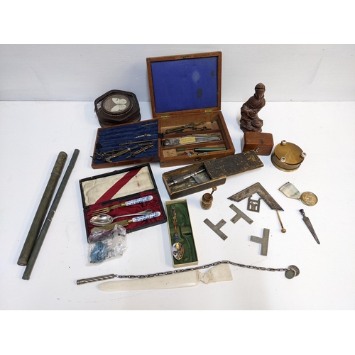 109 - Collectables to include drawing instruments, a micrometer, silver plated Masonic regalia, a silver c... 