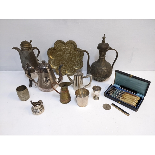 110 - Metalware to include Turkish coffee pot, an Indian tray, French forks with twin handles, a French si... 