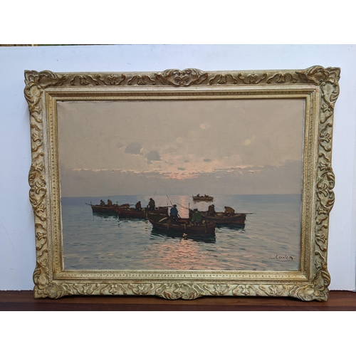 111 - L Conca - Italian - seascape at sunset with fishermen in rowing boats, oil on canvas, signed indisti... 