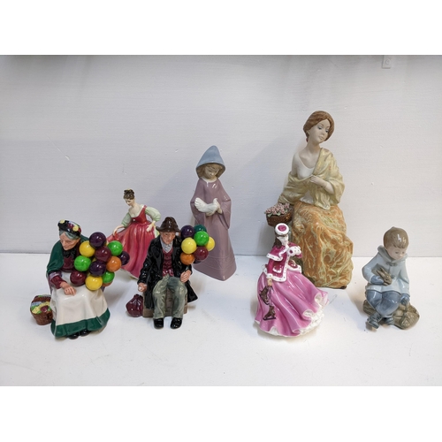114 - Nao, Coalport and Royal Doulton figures to include, Old Balloon seller, The Balloon Man and others
L... 