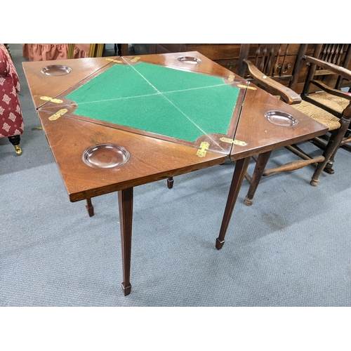 159 - An Edwardian mahogany and boxwood inlaid envelope card table on square tapered legs 73cm h x 54cm w ... 
