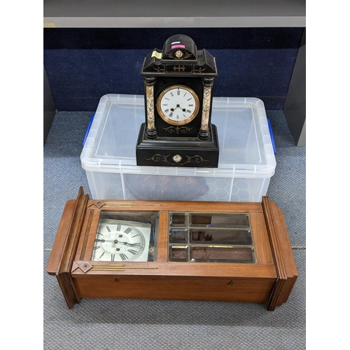 169 - A late Victorian black marble 8-day mantel clock, together with an Art Deco wall hanging clock A/F L... 