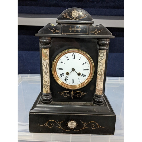 169 - A late Victorian black marble 8-day mantel clock, together with an Art Deco wall hanging clock A/F L... 